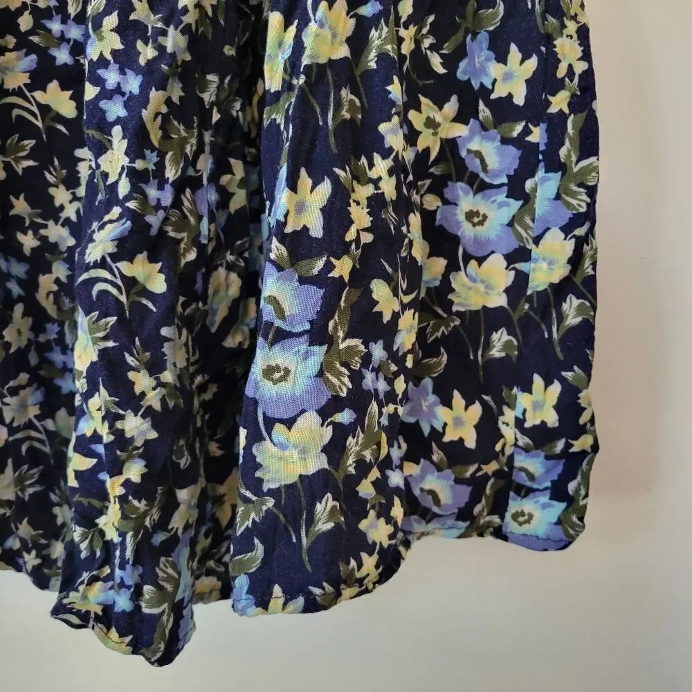 Vintage Ship'n Shore Floral Blue A-line Midi Skirt Buttons M
